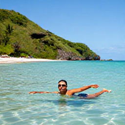 Caribbean Holidays, November Wellness, Traveller swimming in clear Caribbean water near a quiet sandy cove, green hills and bright November sunshine