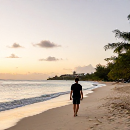 Caribbean Holidays, November Wellness, Traveller walking barefoot along a quiet sandy beach in Sint Maarten at sunrise, calm sea and tropical vegetation