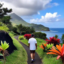 Caribbean Holidays, November Wellness, Traveller walking slowly along a lush coastal trail on Saint Vincent, tropical plants, volcanic hills and views across the Caribbean Sea