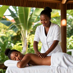 Caribbean Holidays, November Wellness, Wellness traveller receiving a relaxing massage at an open-air spa surrounded by tropical greenery in Saint Vincent and the Grenadines