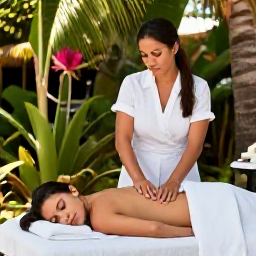 Caribbean Holidays, November Wellness, Wellness traveller receiving a relaxing massage beside a tropical garden in Saint Martin, natural light and peaceful surroundings