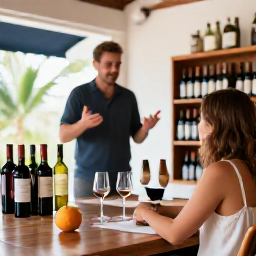 Caribbean Holidays, November Wine Holidays, A Caribbean wine tasting room with locally produced bottles, tasting glasses, tropical fruit and a friendly guide explaining the wines