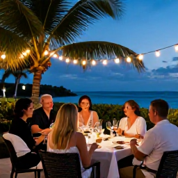 Caribbean Holidays, November Wine Holidays, A relaxed Caribbean evening after a wine tasting, with guests dining outdoors under soft lights and palm trees nearby