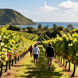 Caribbean Holidays, November Wine Holidays, Visitors walking through lush Caribbean vineyards beneath November sunshine, with hills and distant sea views