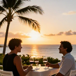 Caribbean Holidays, November Wine Tasting, A couple enjoying a November sunset from a Caribbean terrace after wine tasting, with the sea, palm trees and soft golden light