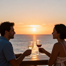 Caribbean Holidays, November Wine Tasting, A couple enjoying sunset drinks on a Cura&ccedil;ao terrace, with wine glasses, warm evening light and the Caribbean Sea beyond