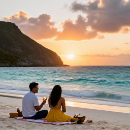 Caribbean Holidays, November Wine Tasting, A couple enjoying wine beside a secluded Saint Barth&eacute;lemy beach at sunset, with a picnic and turquoise sea
