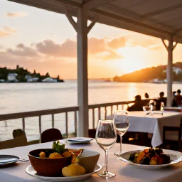 Caribbean Holidays, November Wine Tasting, A French-Caribbean restaurant terrace in Gustavia with wine glasses, local dishes and a sunset harbour view