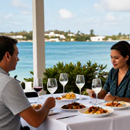 Caribbean Holidays, November Wine Tasting, A relaxed November wine tasting event at a waterfront venue on St Thomas, with wine glasses, Caribbean food and a calm blue sea