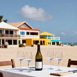 Caribbean Holidays, November Wine Tasting, A relaxed wine tasting beside a sunny Cura&ccedil;ao beach, with colourful island architecture and a table of wine glasses
