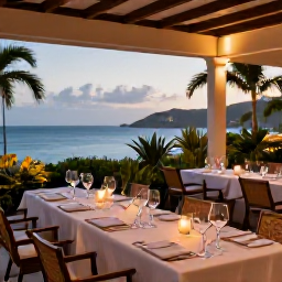Caribbean Holidays, November Wine Tasting, An elegant Saint Barth&eacute;lemy hotel terrace prepared for an evening wine tasting, with candles, sea views and tropical plants