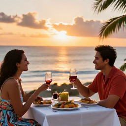 Caribbean Holidays, November Wine Tasting, Friendly travel couple enjoying wine, Caribbean food and sunset views during a Trinidad and Tobago holiday