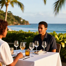 Caribbean Holidays, November Wine Tasting, Relaxed wine tasting by the coast in Trinidad and Tobago, with elegant glasses, tropical greenery and warm November sunshine