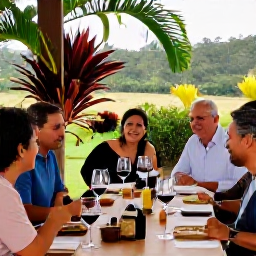 Caribbean Holidays, November Wine Tasting, Scenic Trinidad and Tobago vineyard-style garden setting with wine glasses, tropical plants and relaxed visitors