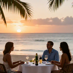 Caribbean Holidays, November Wine Tasting, Tropical Caribbean beach and evening wine tasting table in Tobago, with warm November light and gentle sea views