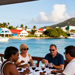Caribbean Holidays, November Wine Tasting, Visitors exploring a sunny St Thomas harbour before an evening wine tasting, with colourful buildings, palm trees and boats in the bay