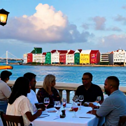 Caribbean Holidays, November Wine Tasting, Visitors exploring colourful Willemstad before an evening wine tasting, with the Queen Emma Bridge and waterfront buildings in view