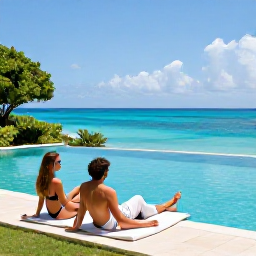 Caribbean Holidays, October Adults Only, Couple relaxing beside a quiet Caribbean infinity pool with tropical gardens and turquoise sea