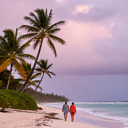 Caribbean Holidays, October Adults Only, Couple walking along a Caribbean beach after a brief tropical shower, colourful sky and palm trees