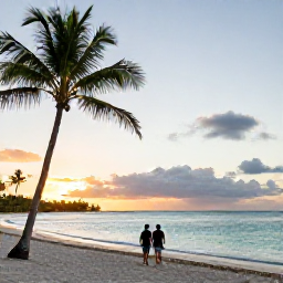 Caribbean Holidays, October Adventures, A couple walking along a quiet Bahamian beach at sunset, with palm trees and calm turquoise sea