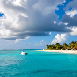 Caribbean Holidays, October Adventures, A small boat approaching a sunny Bahamian island with turquoise water, palm trees and dramatic clouds in October