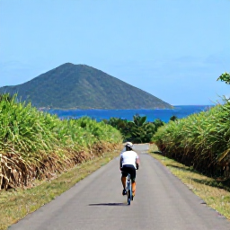 Caribbean Holidays, October Adventures, Cyclist riding a quiet Caribbean island road through sugar cane fields, with mountains and blue sea in the background