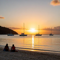 Caribbean Holidays, October Adventures, Golden sunset over a beach and anchored boats in the British Virgin Islands, with travellers enjoying a relaxed evening