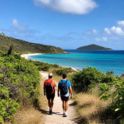 Caribbean Holidays, October Adventures, Hikers walking a sunny coastal trail through green vegetation above the sea on Tortola, British Virgin Islands