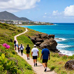 Caribbean Holidays, October Adventures, Hikers walking along a green coastal trail above the Caribbean Sea on Saint Martin, with rocky headlands and clear blue water