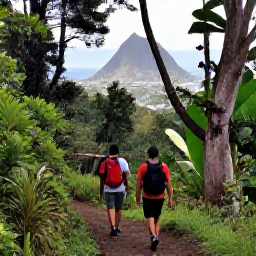 Caribbean Holidays, October Adventures, Hikers walking on a lush volcanic trail through tropical forest on Saint Vincent, with distant mountain and coastal views
