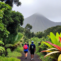Caribbean Holidays, October Adventures, Hikers walking through lush rainforest on Mount Liamuiga in Saint Kitts, with tropical plants and misty volcanic scenery