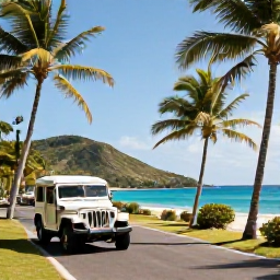 Caribbean Holidays, October Adventures, Jeep travelling on a scenic road past palm trees, hills and bright Caribbean sea on Saint Barth&eacute;lemy