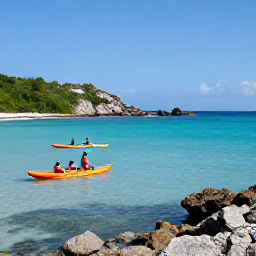 Caribbean Holidays, October Adventures, Kayaker and snorkellers exploring clear turquoise water beside rocky Saint Barth&eacute;lemy coastline