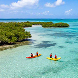 Caribbean Holidays, October Adventures, Kayakers paddling through clear shallow water among mangroves and small islands in the Bahamas