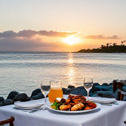 Caribbean Holidays, October Adventures, Relaxed outdoor dinner at a waterside restaurant in Turks and Caicos with fresh seafood and a sunset over the sea