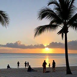 Caribbean Holidays, October Adventures, Relaxed visitors enjoying a beach and sunset in Saint Kitts, with palm trees, calm sea and warm evening light