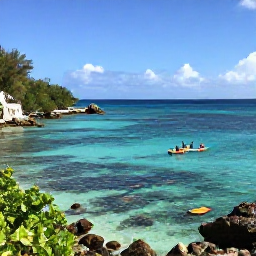 Caribbean Holidays, October Adventures, Sea kayakers and snorkellers exploring clear turquoise Caribbean water beside a colourful reef and rocky coastline