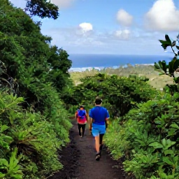 Caribbean Holidays, October Adventures, Travellers hiking along a lush volcanic trail in the Caribbean, with distant ocean views and dramatic tropical vegetation