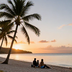 Caribbean Holidays, October Adventures, Travellers relaxing on a quiet Caribbean beach at sunset in October, with palm trees, calm water and hills in the distance