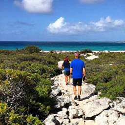 Caribbean Holidays, October Adventures, Visitors hiking across a rocky coastal trail with scrub vegetation and ocean views on a Turks and Caicos island