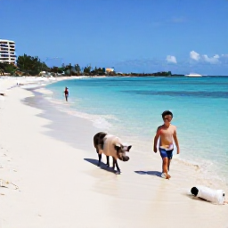 Caribbean Holidays, October Adventures, Visitors swimming with friendly pigs on a bright sandy beach in the Exumas, Bahamas