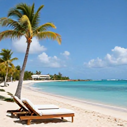 Caribbean Holidays, October All Inclusive, A sunny beach on Saint Kitts with calm turquoise water, palm trees and comfortable all-inclusive resort loungers in October