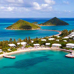 Caribbean Holidays, October All Inclusive, Aerial view of turquoise Caribbean water, green islands and a relaxed beachfront resort in the United States Virgin Islands
