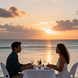 Caribbean Holidays, October All Inclusive, Couple enjoying a relaxed sunset dinner beside the sea at a Saint Kitts all-inclusive resort in October