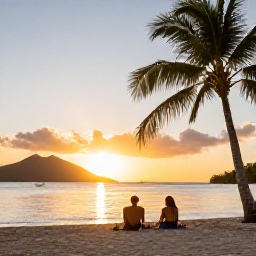 Caribbean Holidays, October All Inclusive, Couple relaxing on a palm-fringed beach at sunset beside a Caribbean all-inclusive resort in the US Virgin Islands