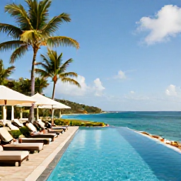 Caribbean Holidays, October All Inclusive, Elegant all-inclusive resort in Saint Kitts with an infinity pool, outdoor dining and guests relaxing beneath palm trees