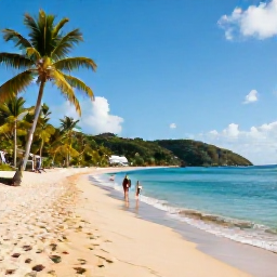 Caribbean Holidays, October All Inclusive, Golden sandy beach with palm trees, calm turquoise water and a couple walking along the shoreline in the British Virgin Islands
