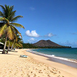 Caribbean Holidays, October All Inclusive, Quiet golden beach on Nevis with palm trees, volcanic hills in the distance and a small boat near the shore
