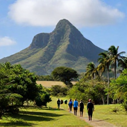 Caribbean Holidays, October All Inclusive, Scenic view of Mount Liamuiga and the green countryside of Saint Kitts, with a small group walking on a plantation trail