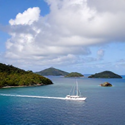 Caribbean Holidays, October All Inclusive, Traditional sailing boat passing green islands and rocky islets in the British Virgin Islands under a partly cloudy sky